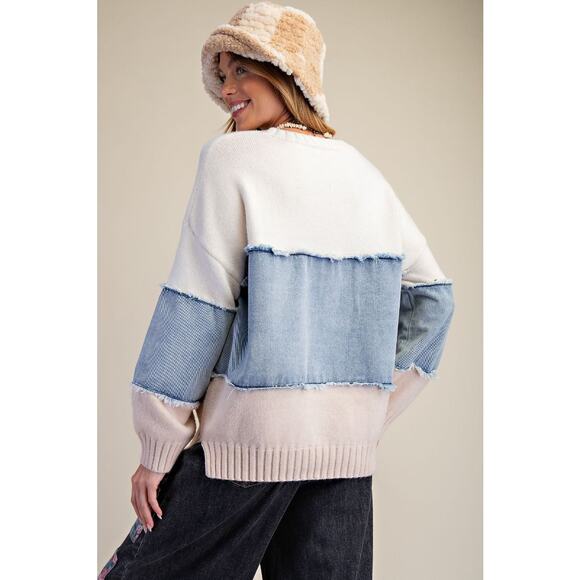 2P3***Easel Color Block Denim Sweater - Picture 3 of 4